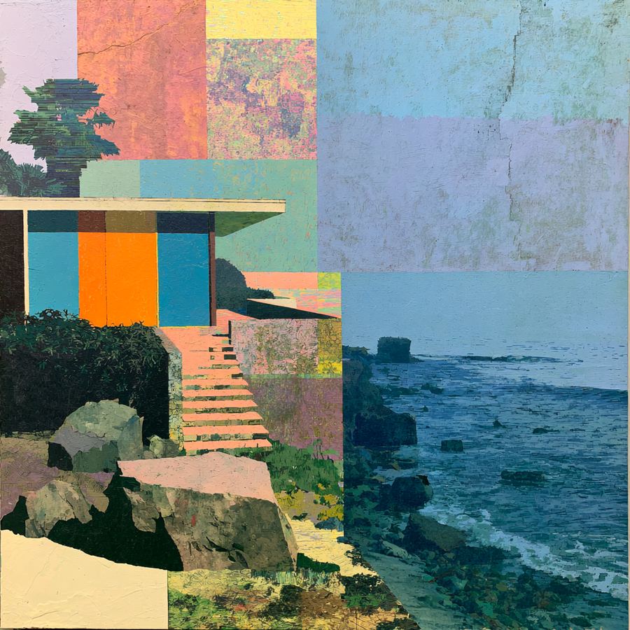 Orange-paneled house with stairs down the bluff