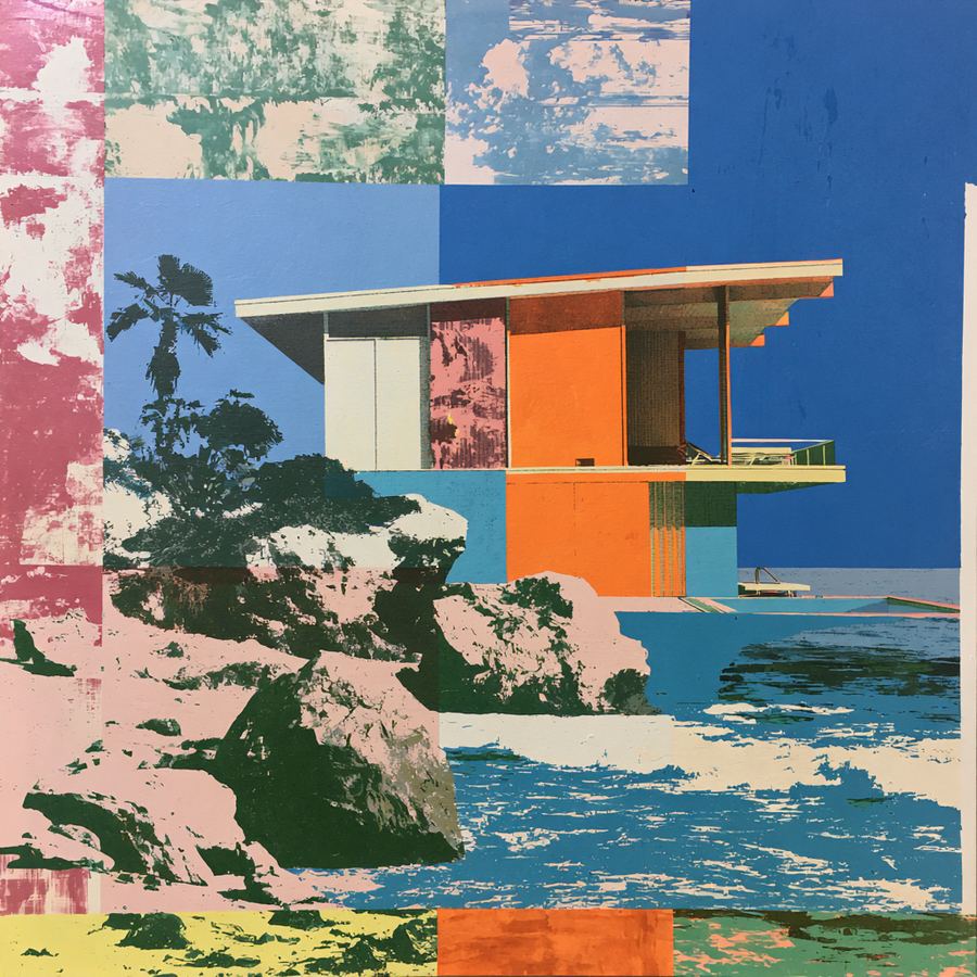 White modern house floating over pink rocks