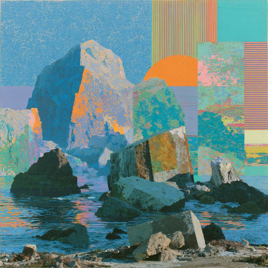 Sea stack wrapped in evening color squares