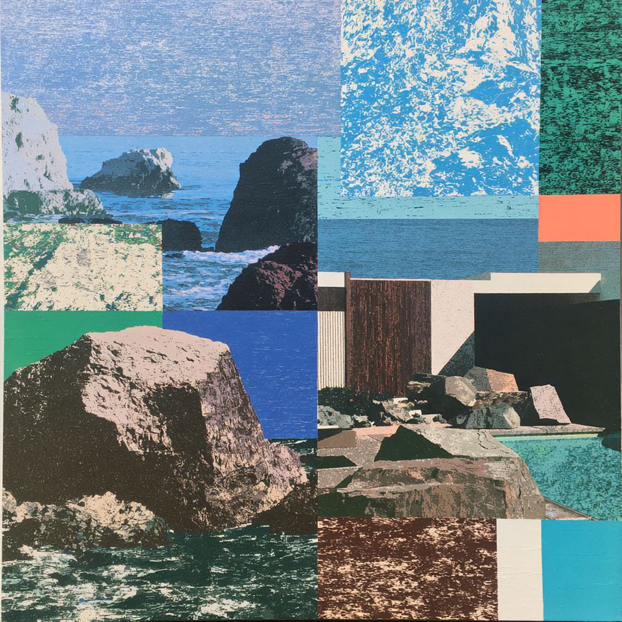 Blue rocks resting under a pale patch sky