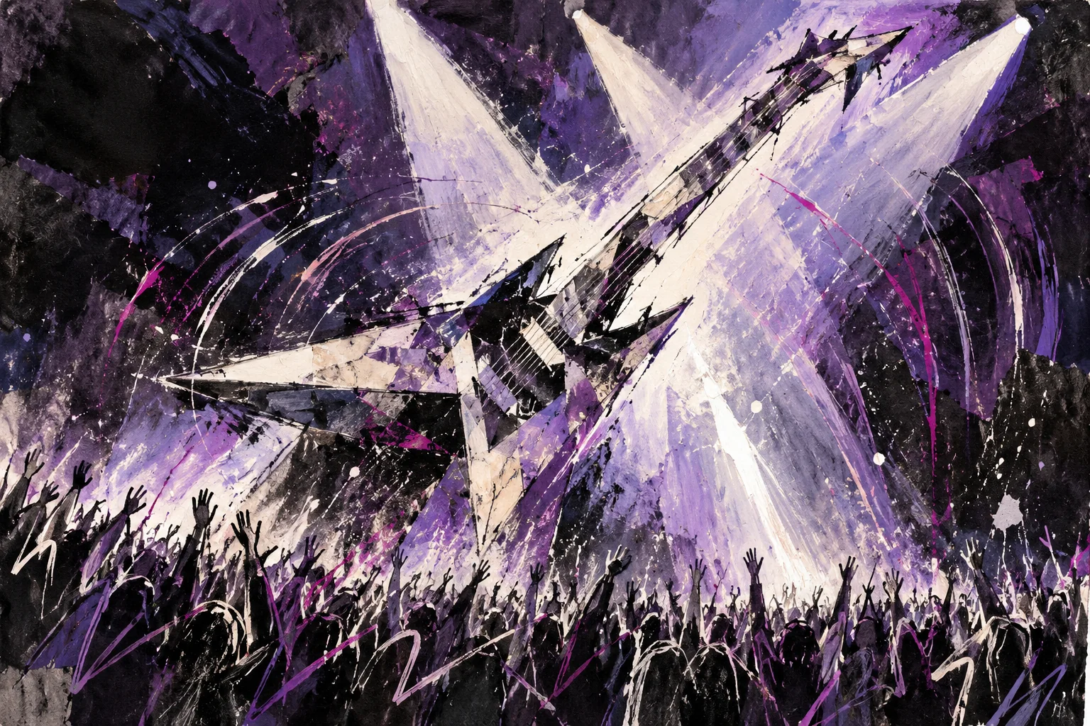 An abstract guitar form rises through violet and white spotlight beams above energetic ink lines suggesting a crowd.