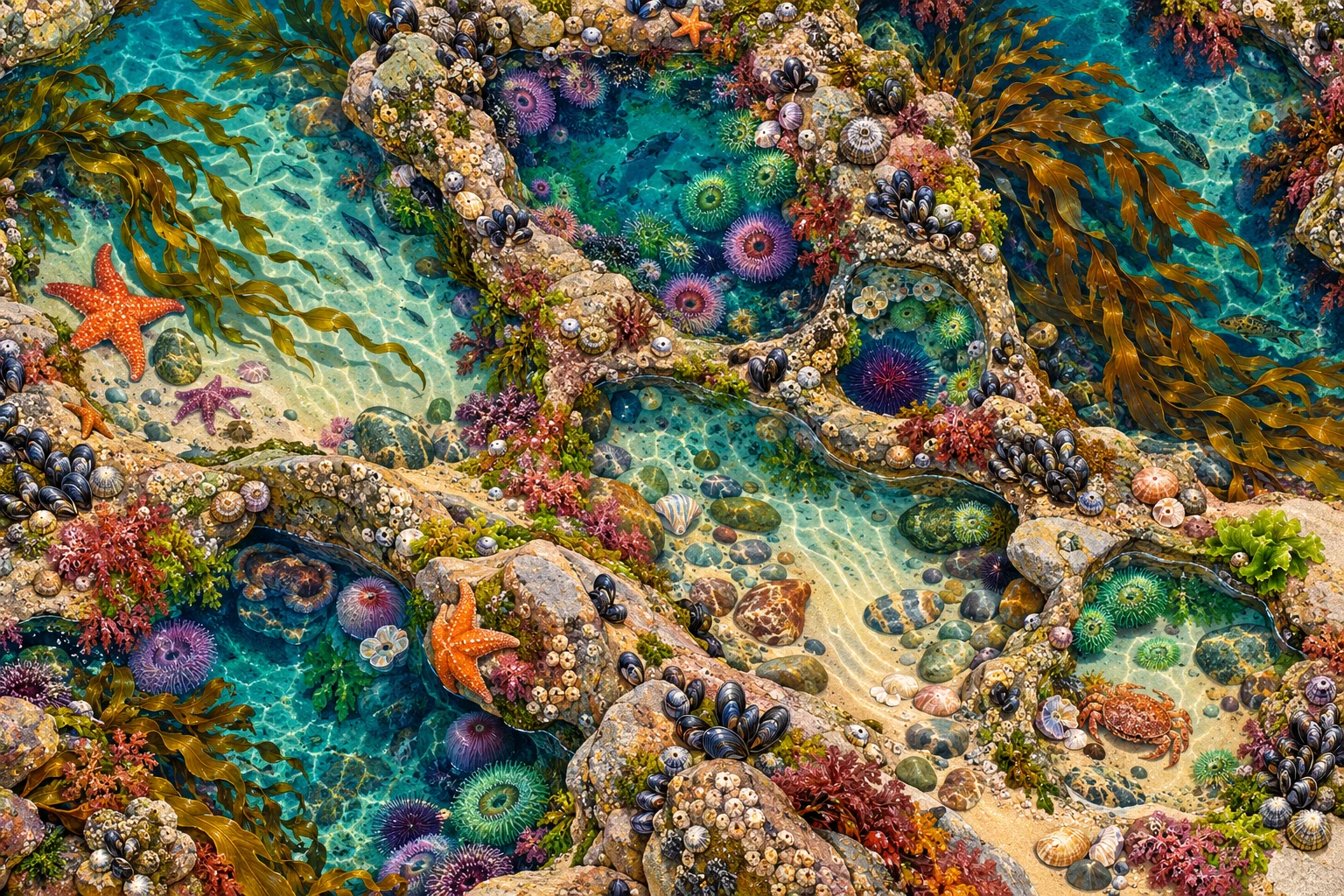 Original Tidepool atlas puzzle concept with colorful coastal pools