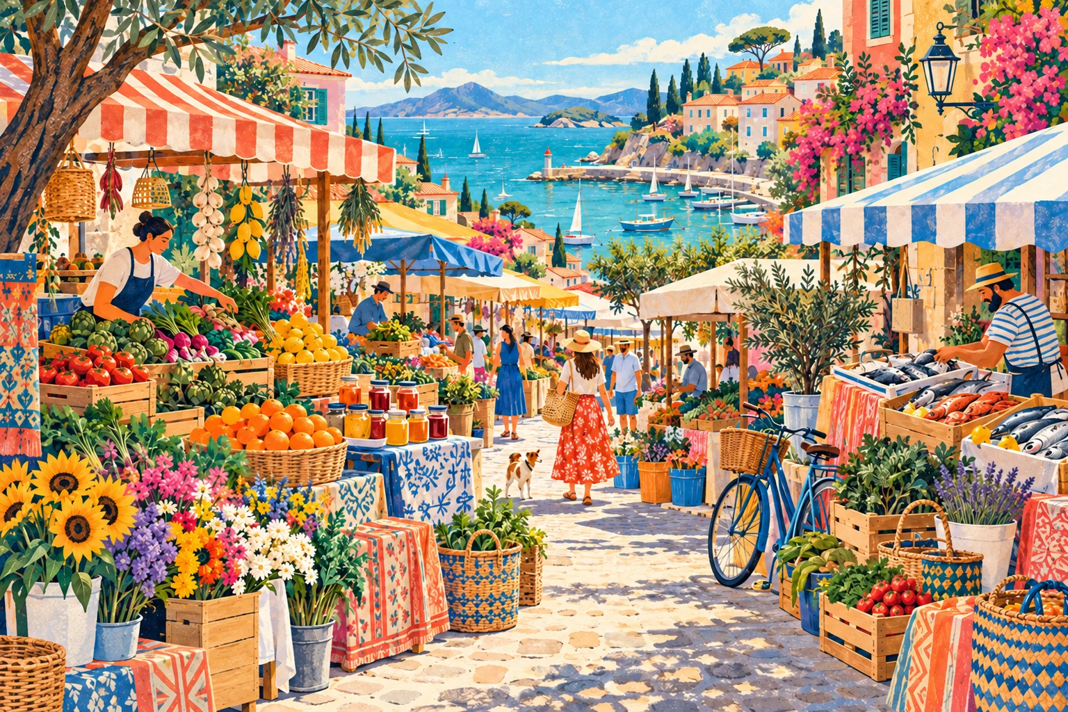 Original colorful illustrated coastal farmers market with stalls, produce, bicycles and textiles.