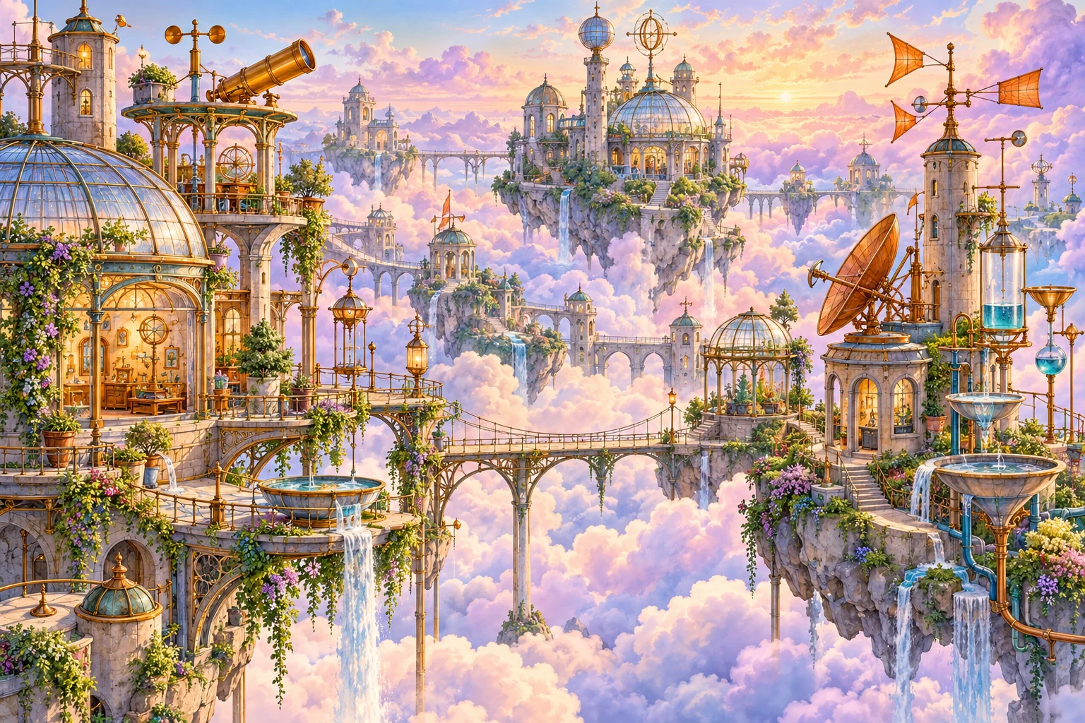 Original whimsical weather laboratory on pastel sky islands with warm orange instruments and clouds.