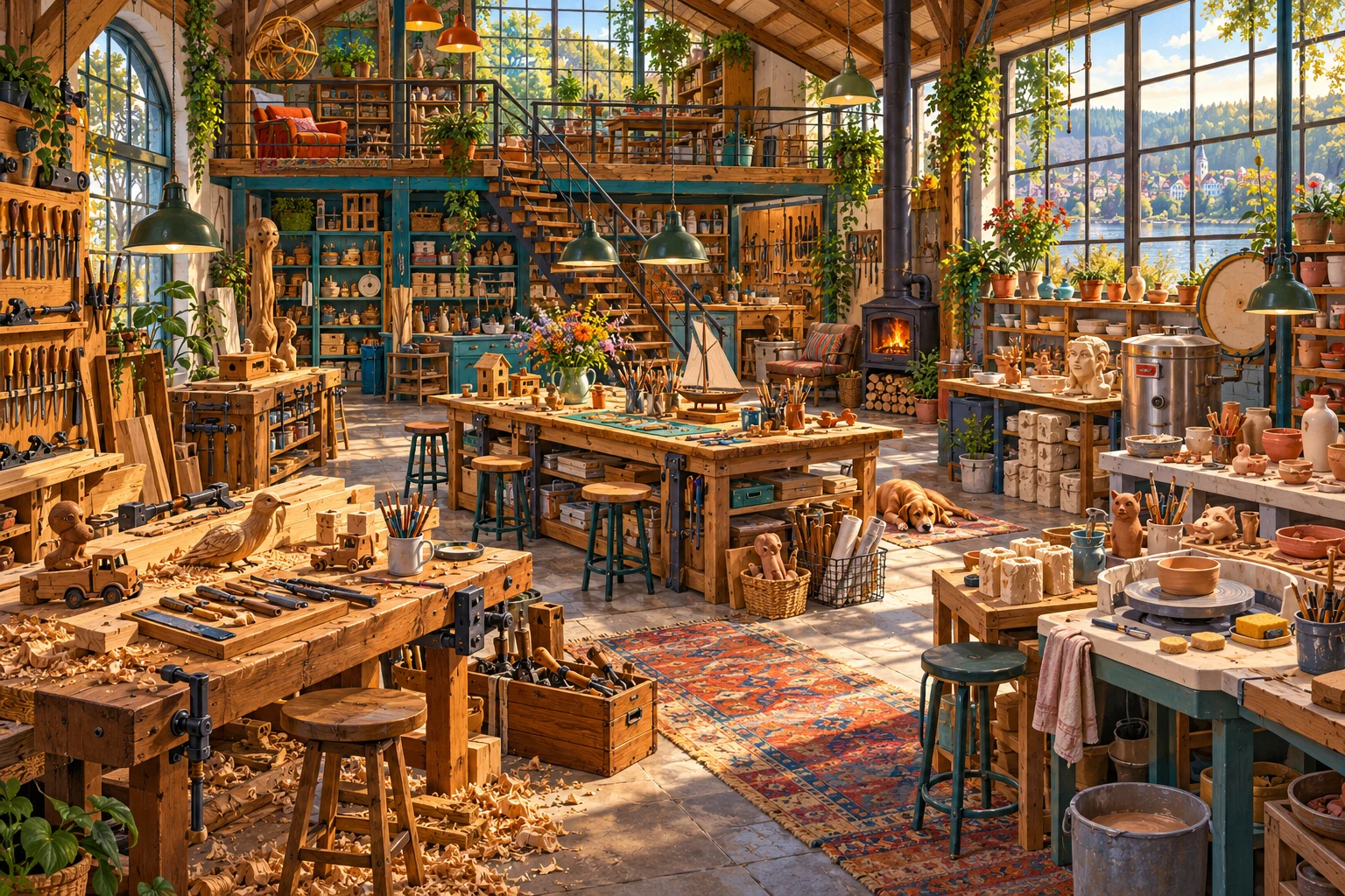 Original detailed imagined community workshop with benches, hand tools, materials and small fabrication stations.