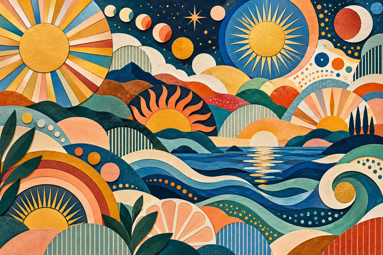 Original geometric paper-textured mosaic of varied sun and wave shapes in ochre, cobalt, peach and mint.
