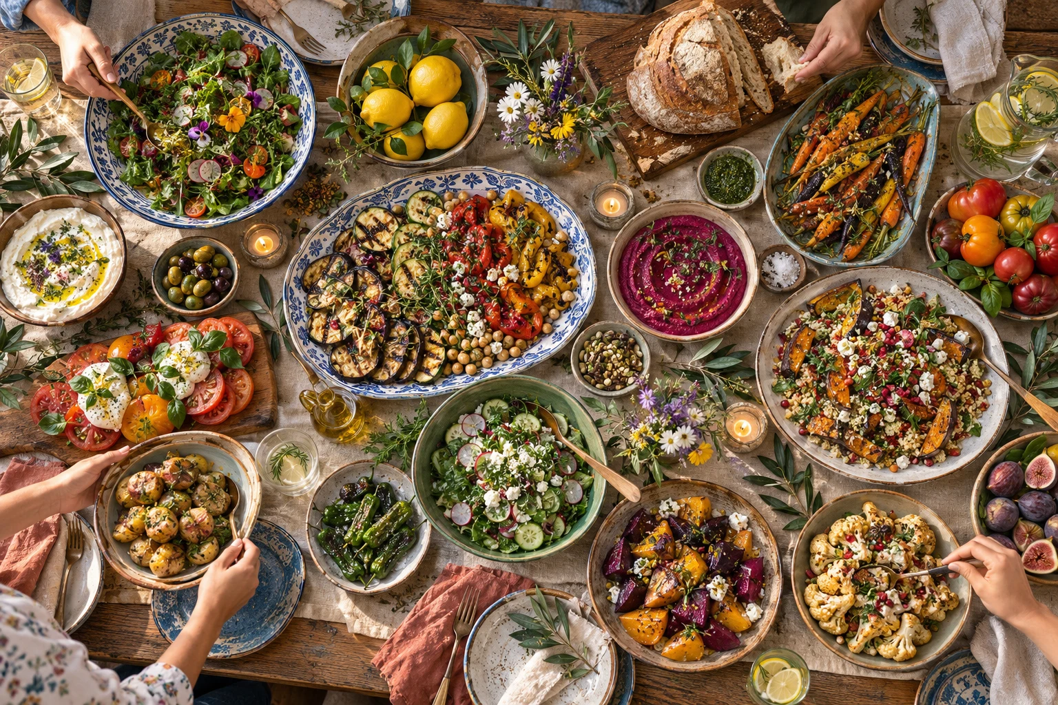Original overhead vegetarian feast with colorful food, ceramics, linens and anonymous hands.