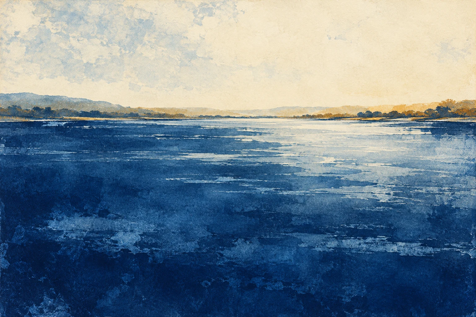 An original ultramarine river painting with a thin warm horizon.