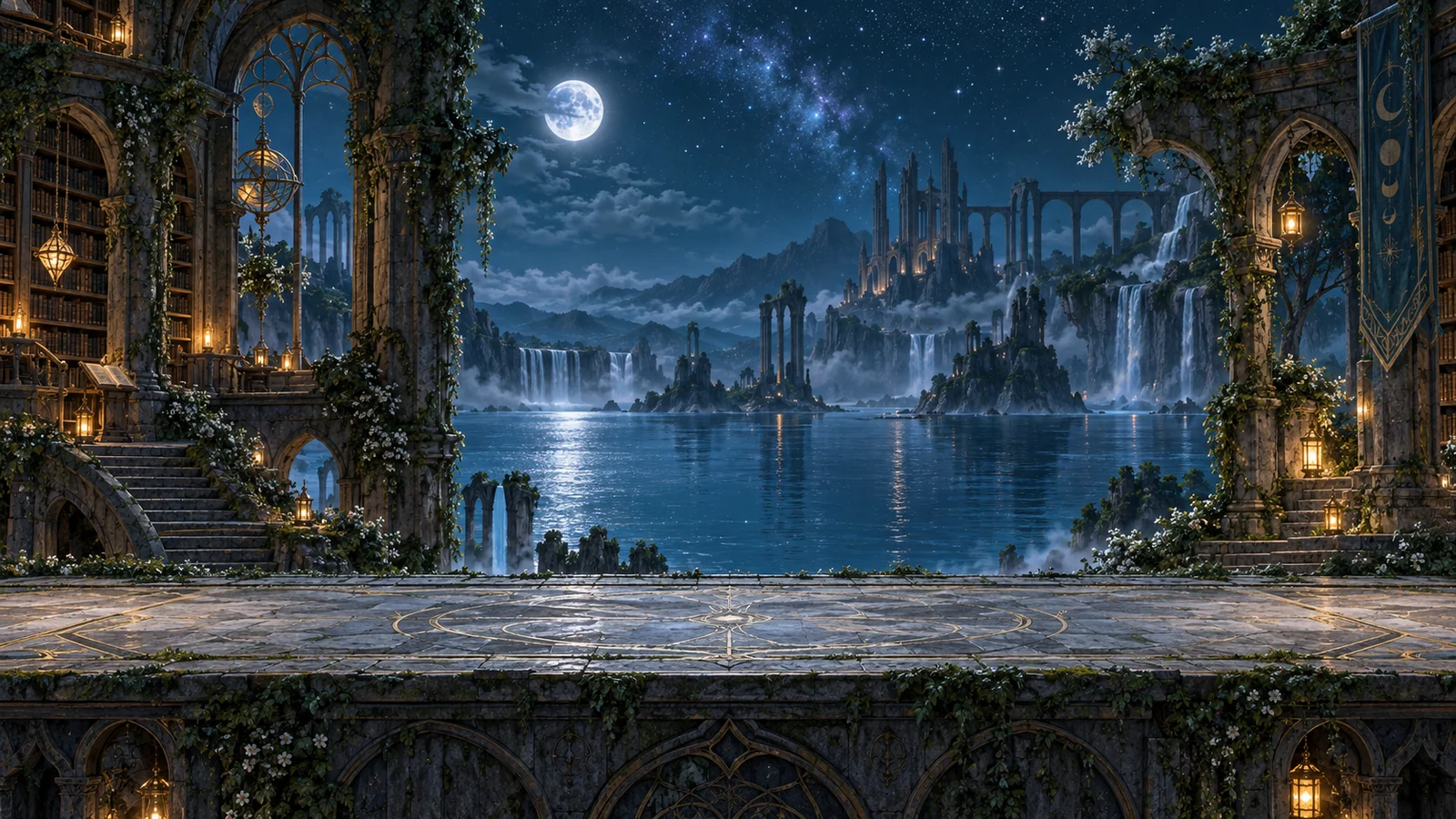 Moonlit library ruins and waterfalls overlooking Spellframe’s arena