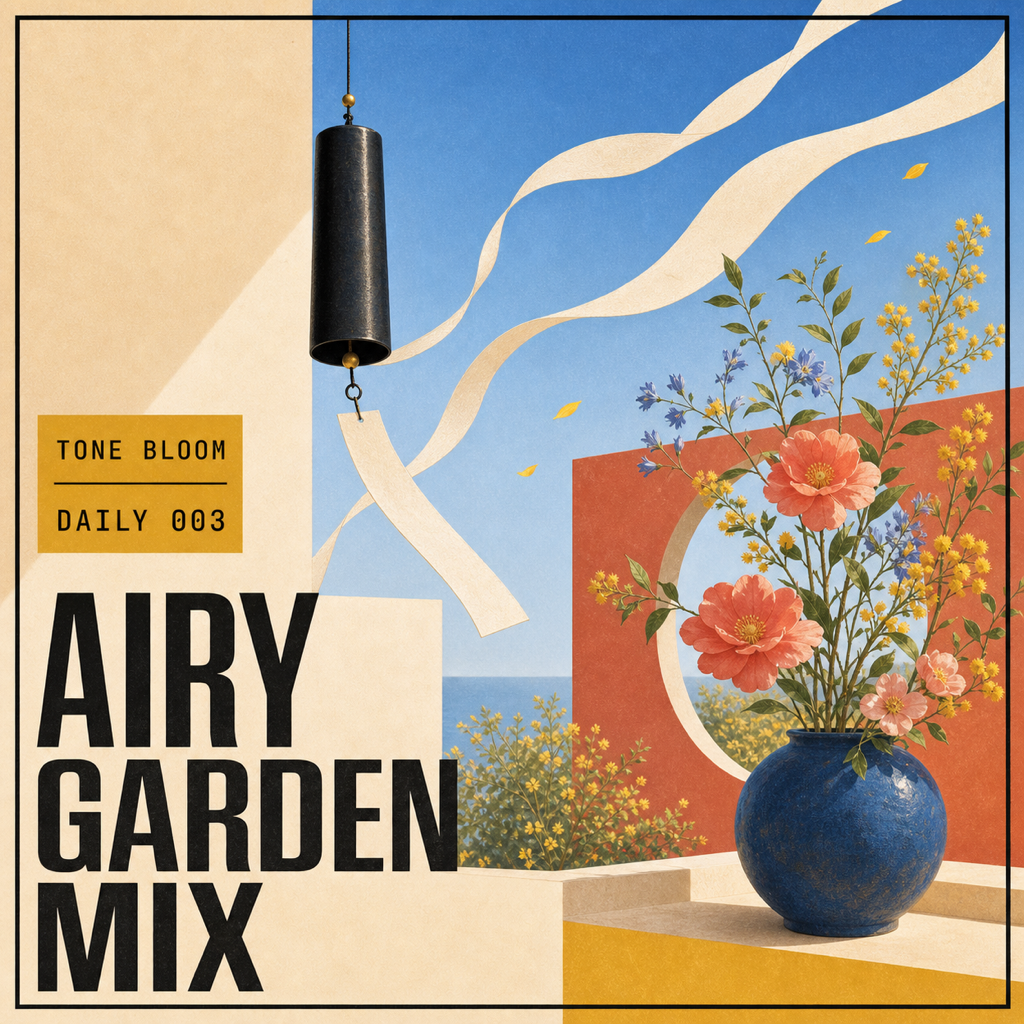 Airy Garden Mix cover with a black wind bell, cream ribbons, coral flowers, and a cobalt vase against a clear blue sky