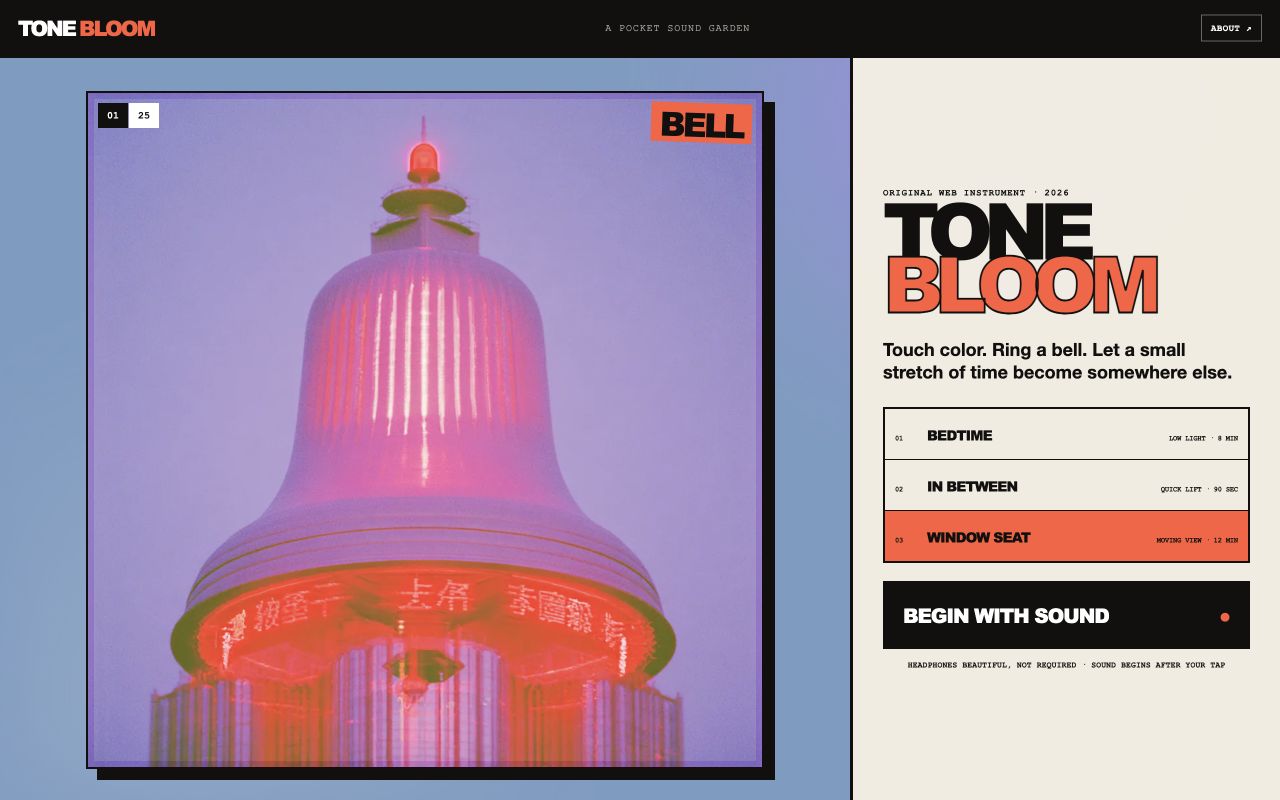 Tone Bloom pocket sound garden with a glowing lavender bell and large tap-to-play controls