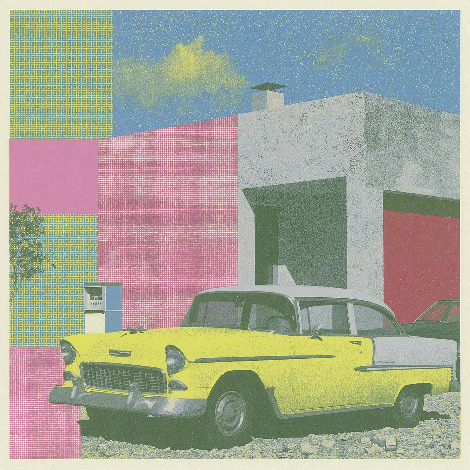 Graphic painting of a yellow and white classic car beside a color-block building under a bright blue sky