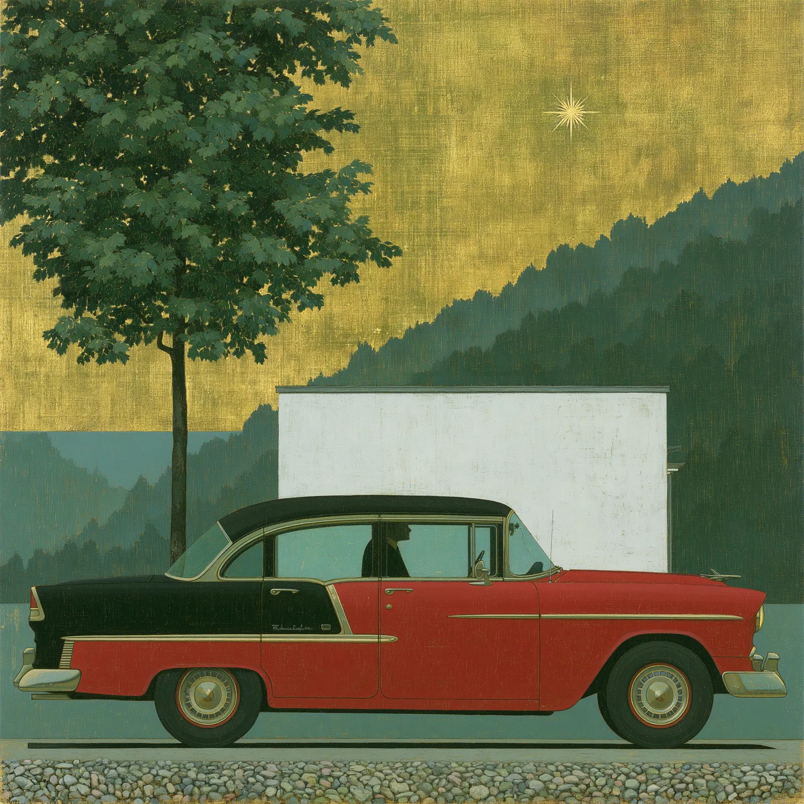 Graphic painting of a red and black classic car beneath a dark tree with mountains and a golden sky