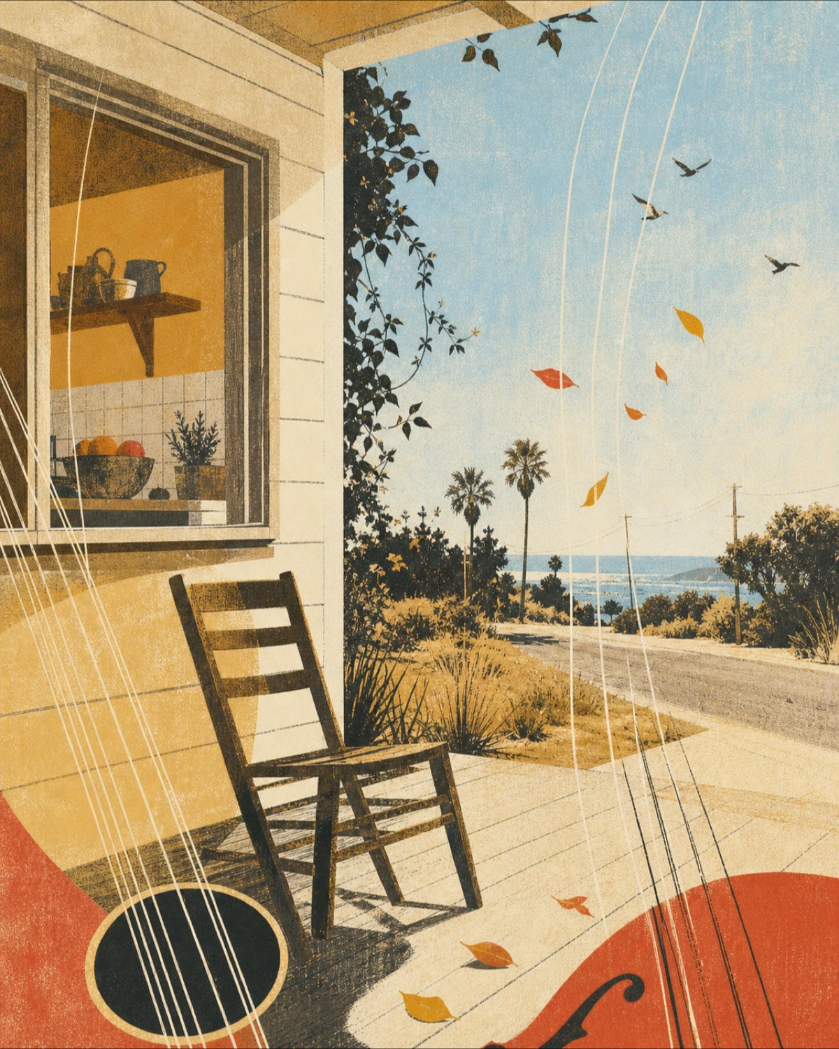 Screenprint-like California porch with a wooden chair, kitchen window, open road, birds, leaves, and acoustic strings passing through the foreground