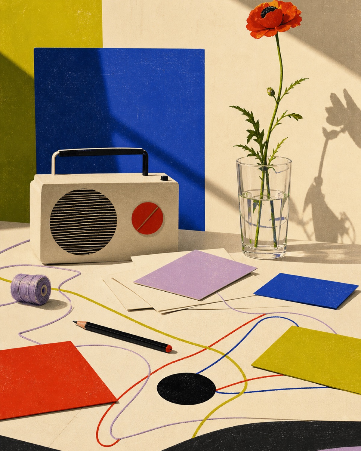 Art-pop still life with a sculptural radio, red flower in a glass, pencil, blank colored cards, and curved lines across a sunny desk