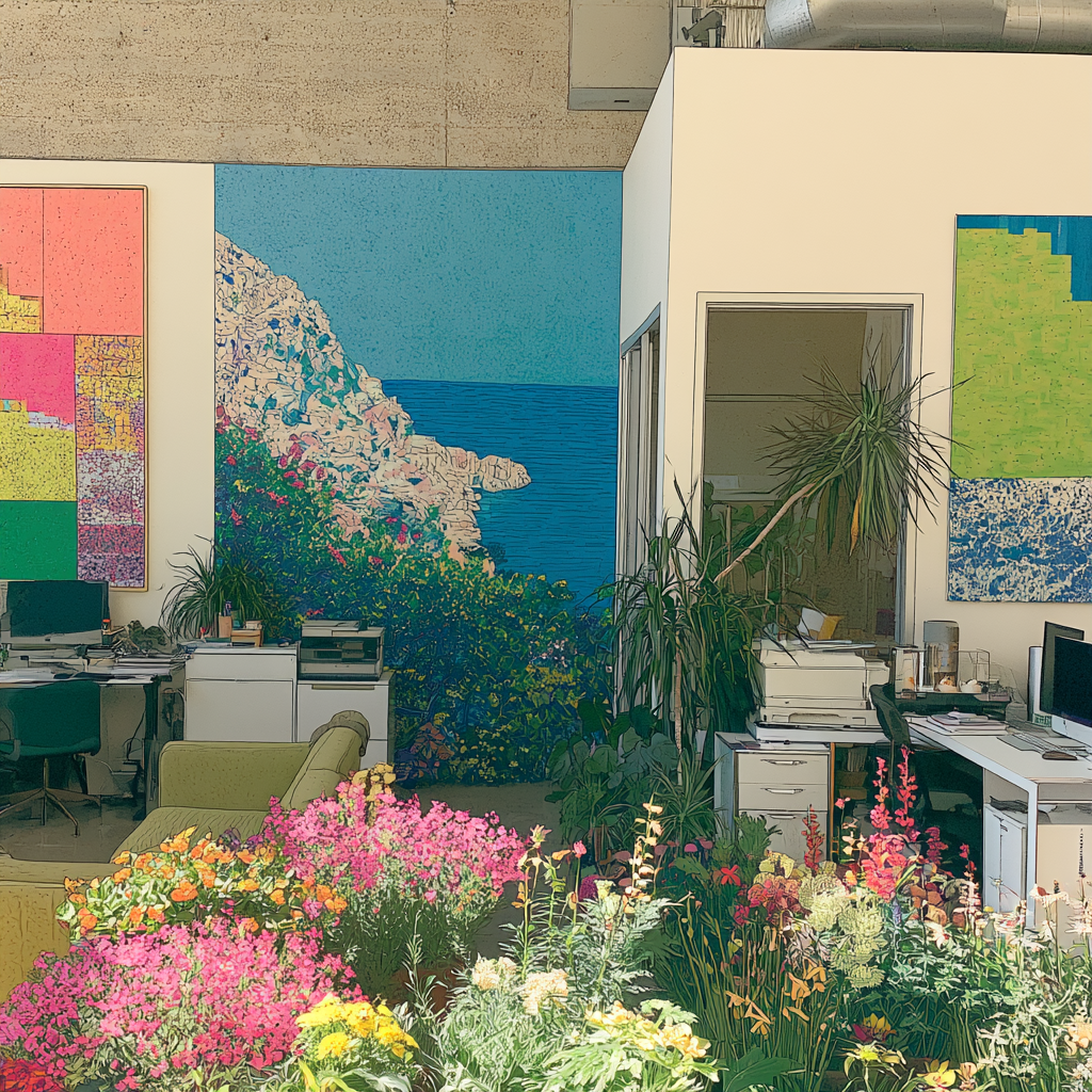 Midjourney study of an empty office overtaken by bright flowers, plants, screens, and coastal paintings