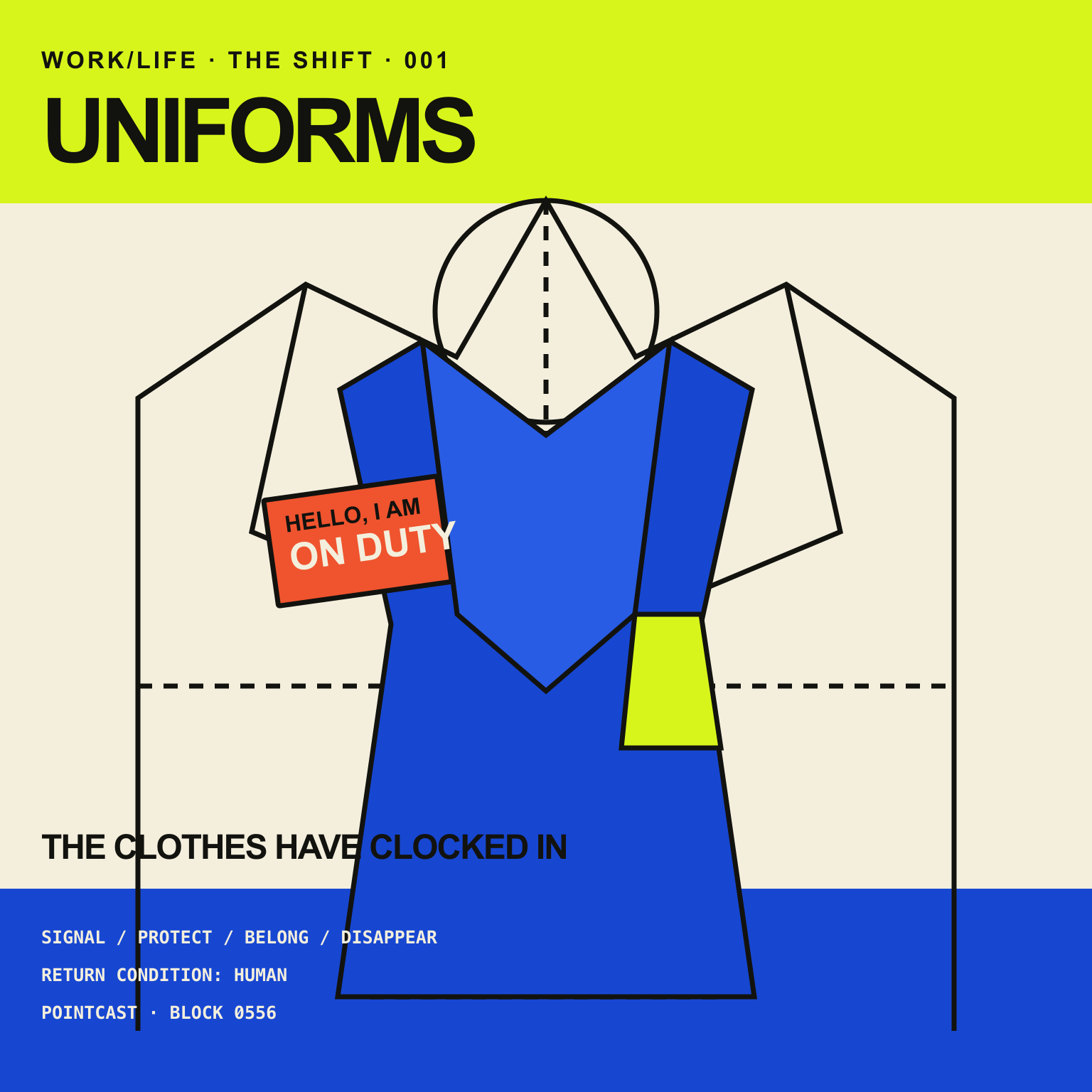 WORK/LIFE Uniforms cover with a cobalt work jacket, chartreuse safety panel, and garment-label typography