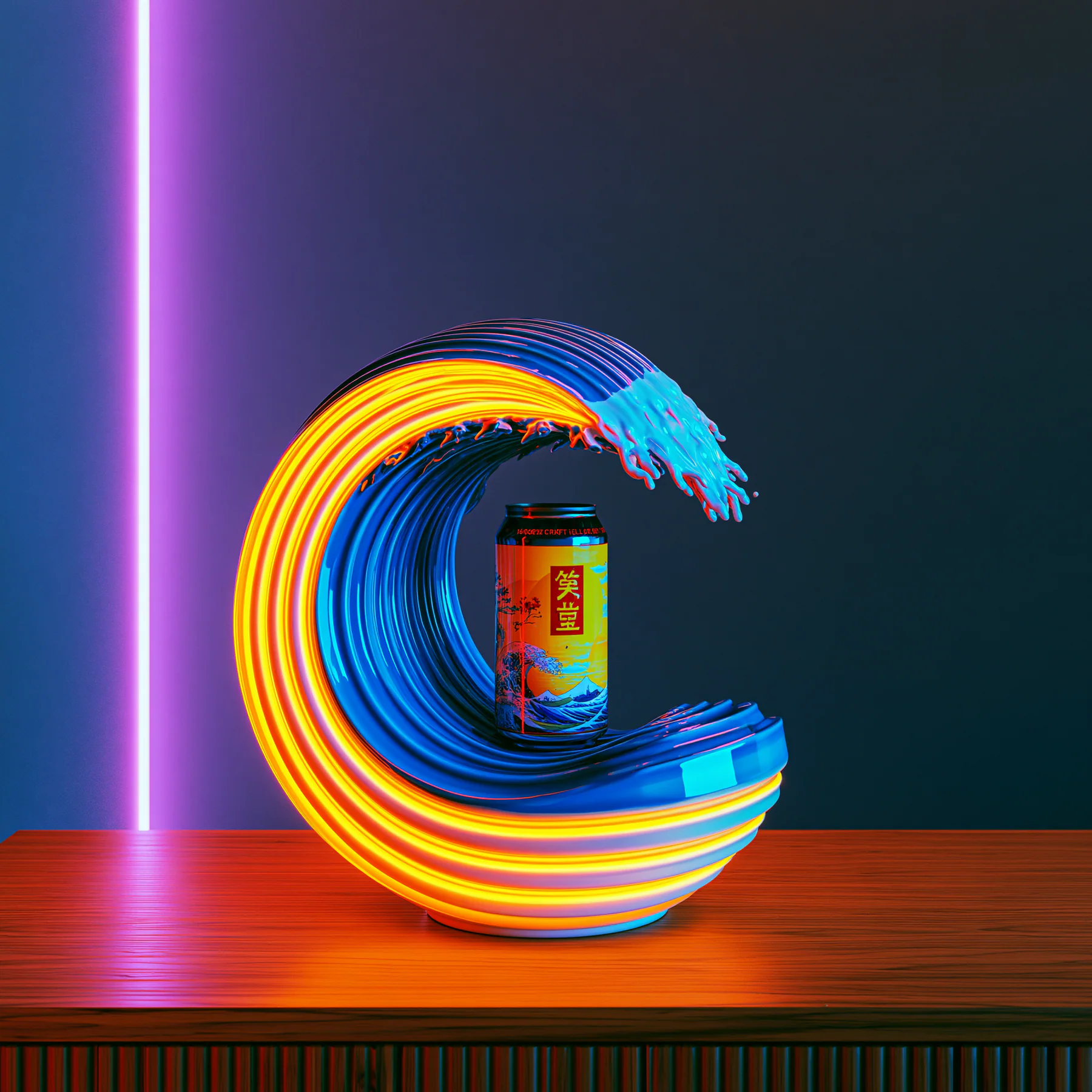 A glowing rainbow wave sculpture curling around a brightly illustrated can