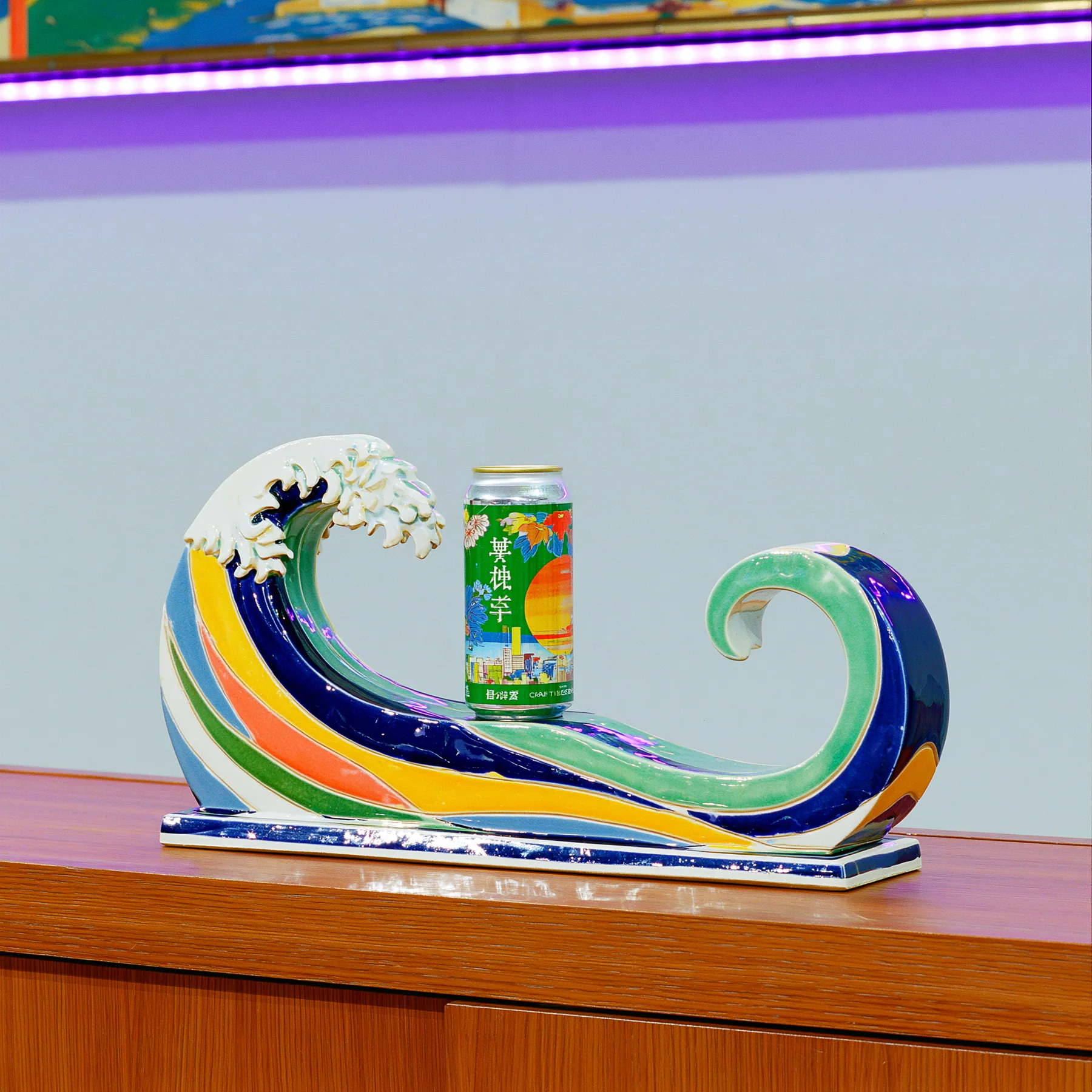 A double-ended rainbow wave pedestal holding a can