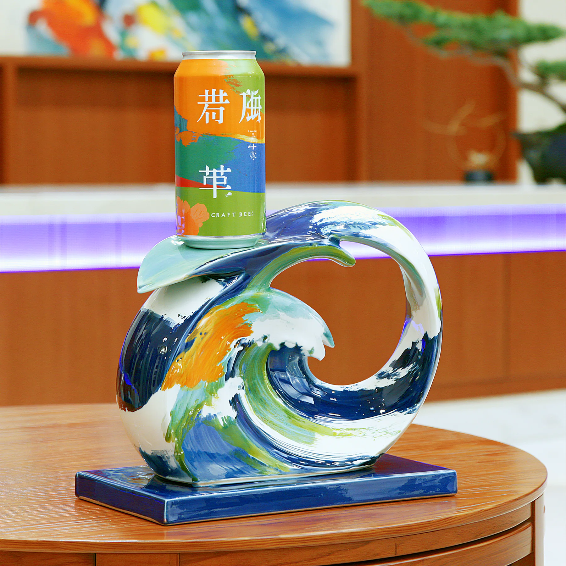 A glossy green and blue curling wave pedestal