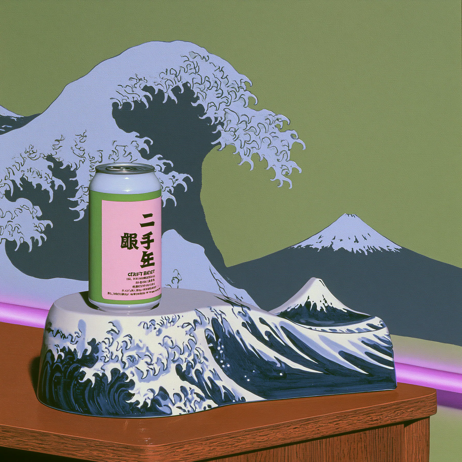 A pale sculptural wave pedestal with Japanese print detail and a pink can