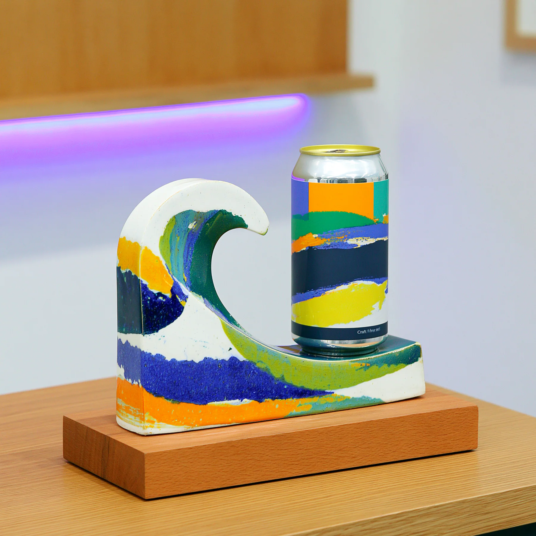 Color-blocked wave pedestal on a wood base