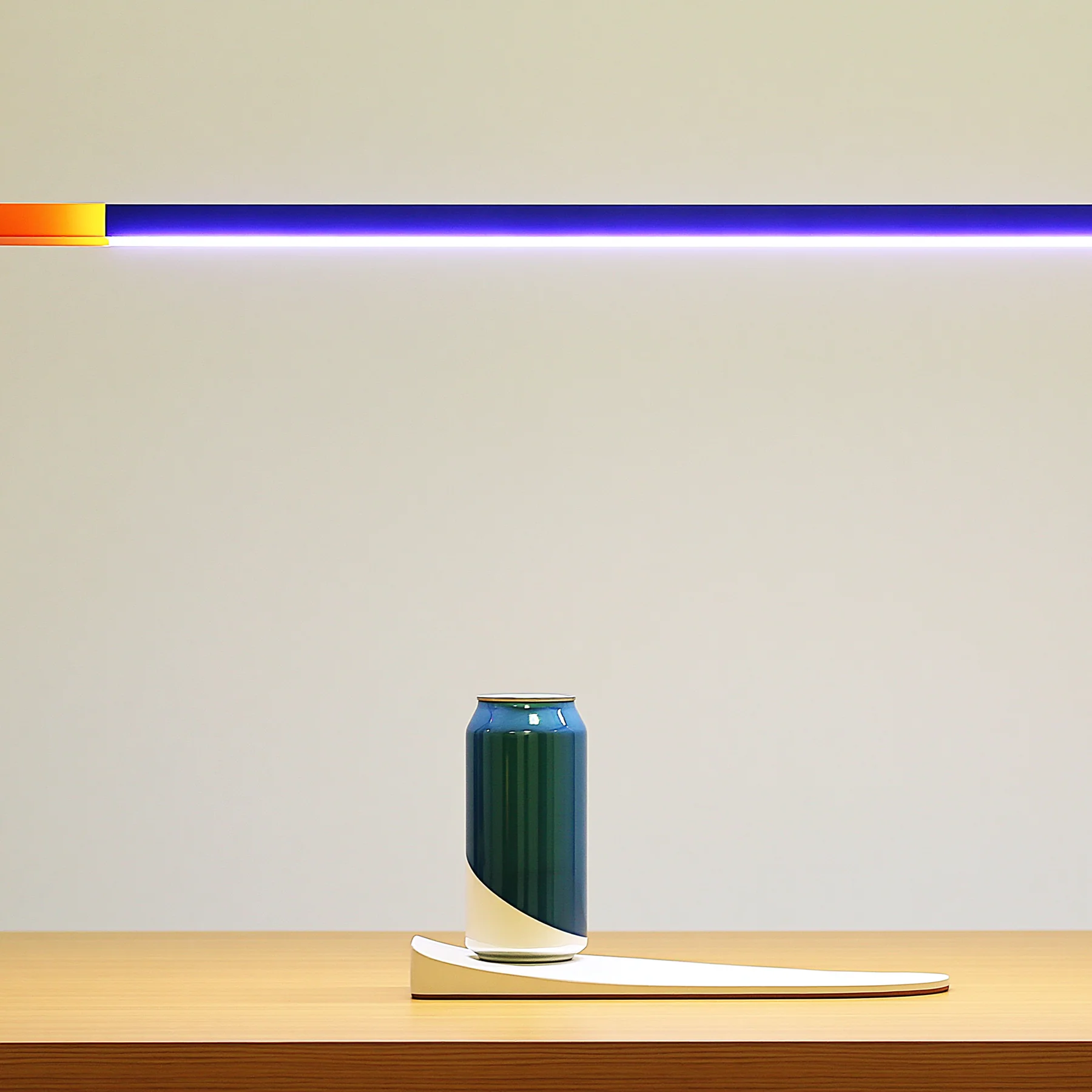A low minimalist white shelf with a dark can