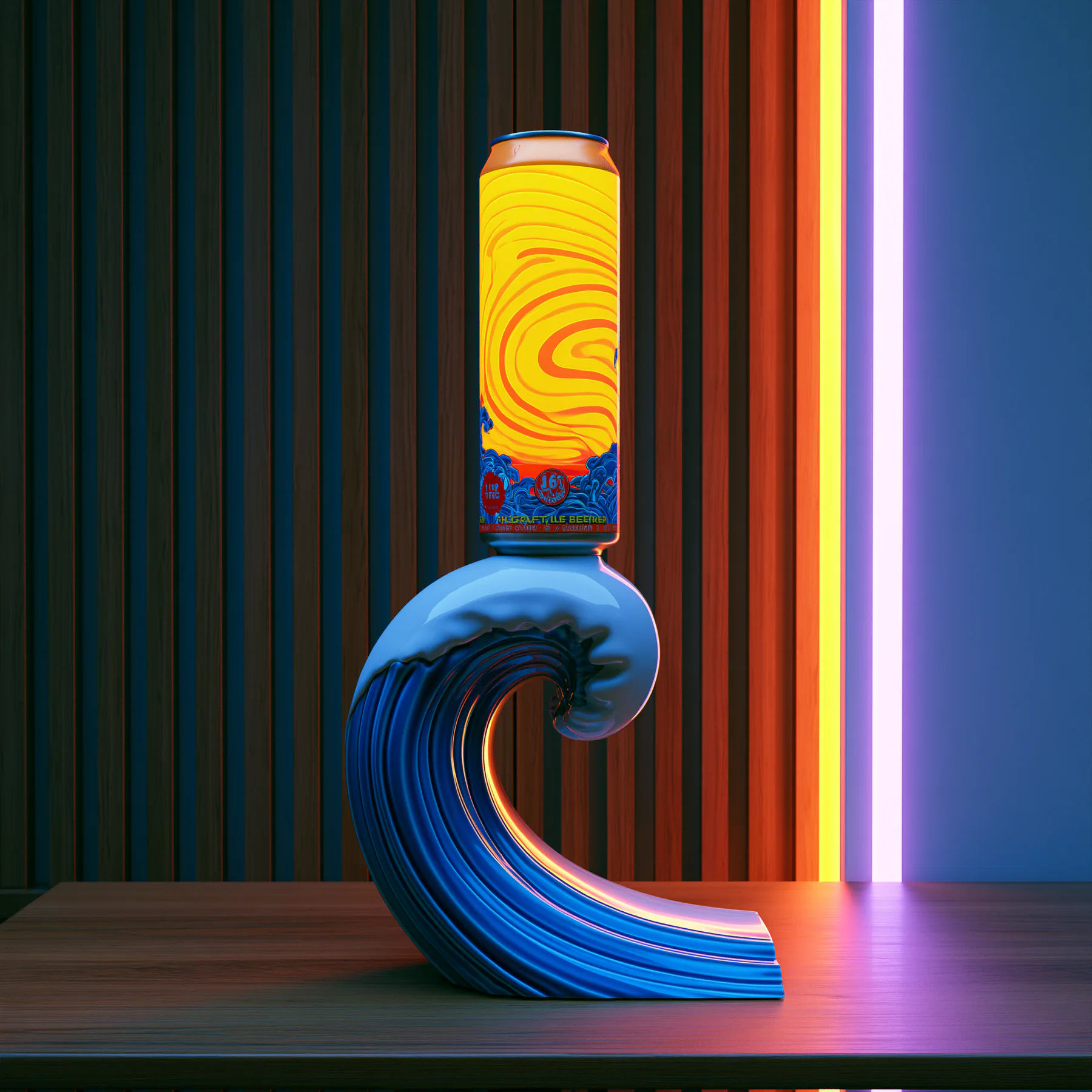 A luminous blue wave pedestal in a dark room
