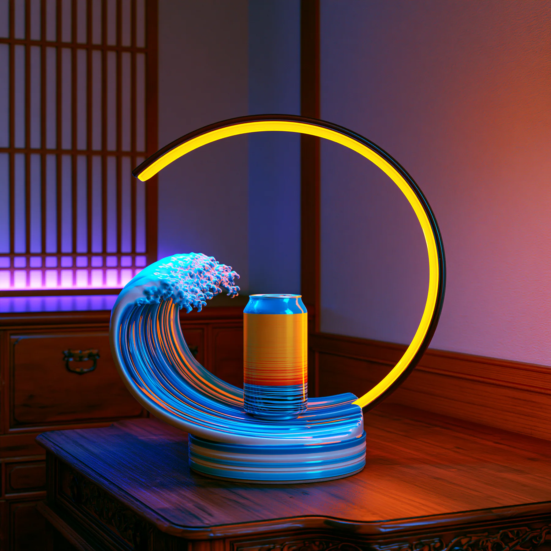 An abstract neon ring composition from the PointCast Year One Midjourney archive