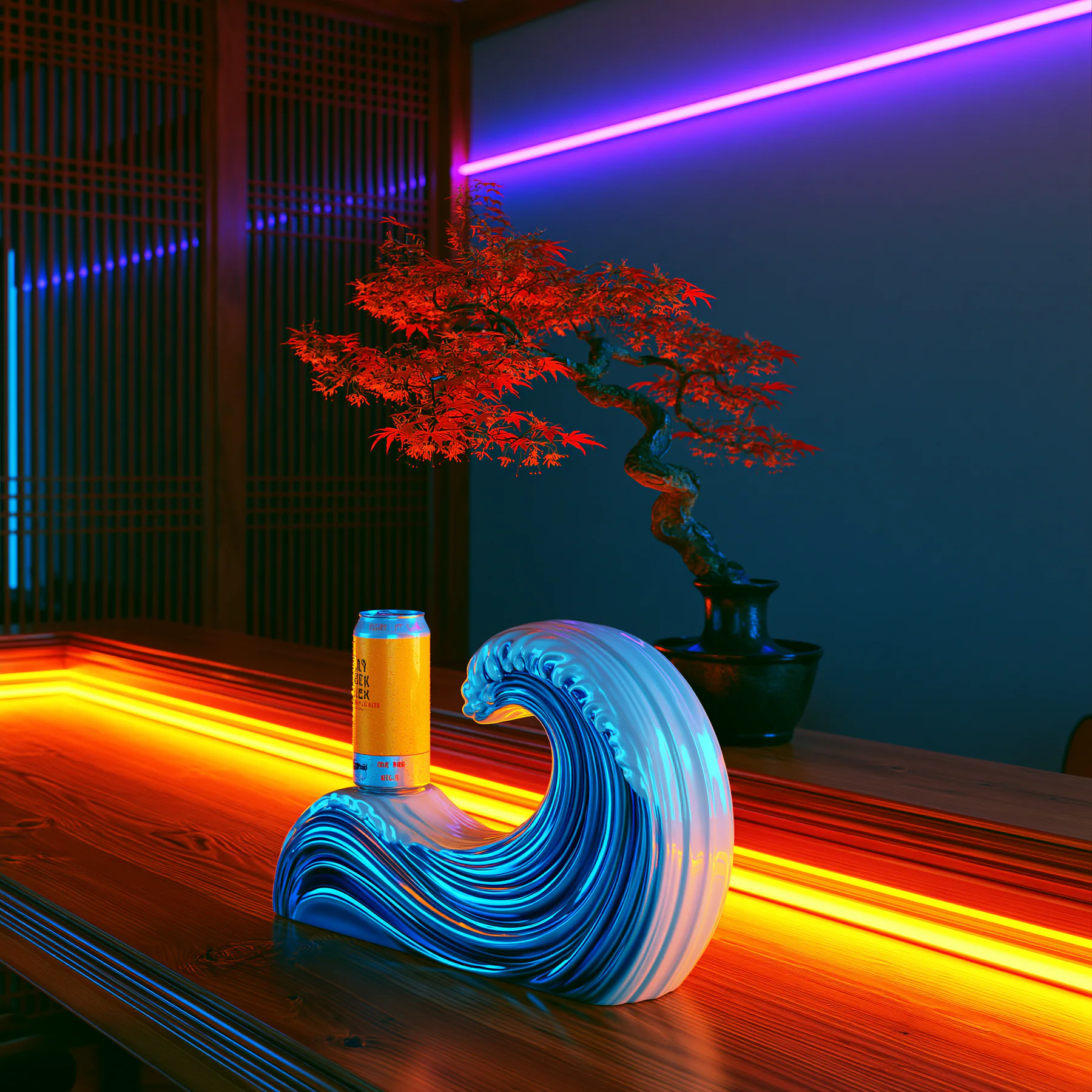 A neon wave pedestal racing across a dark interior with orange and violet light