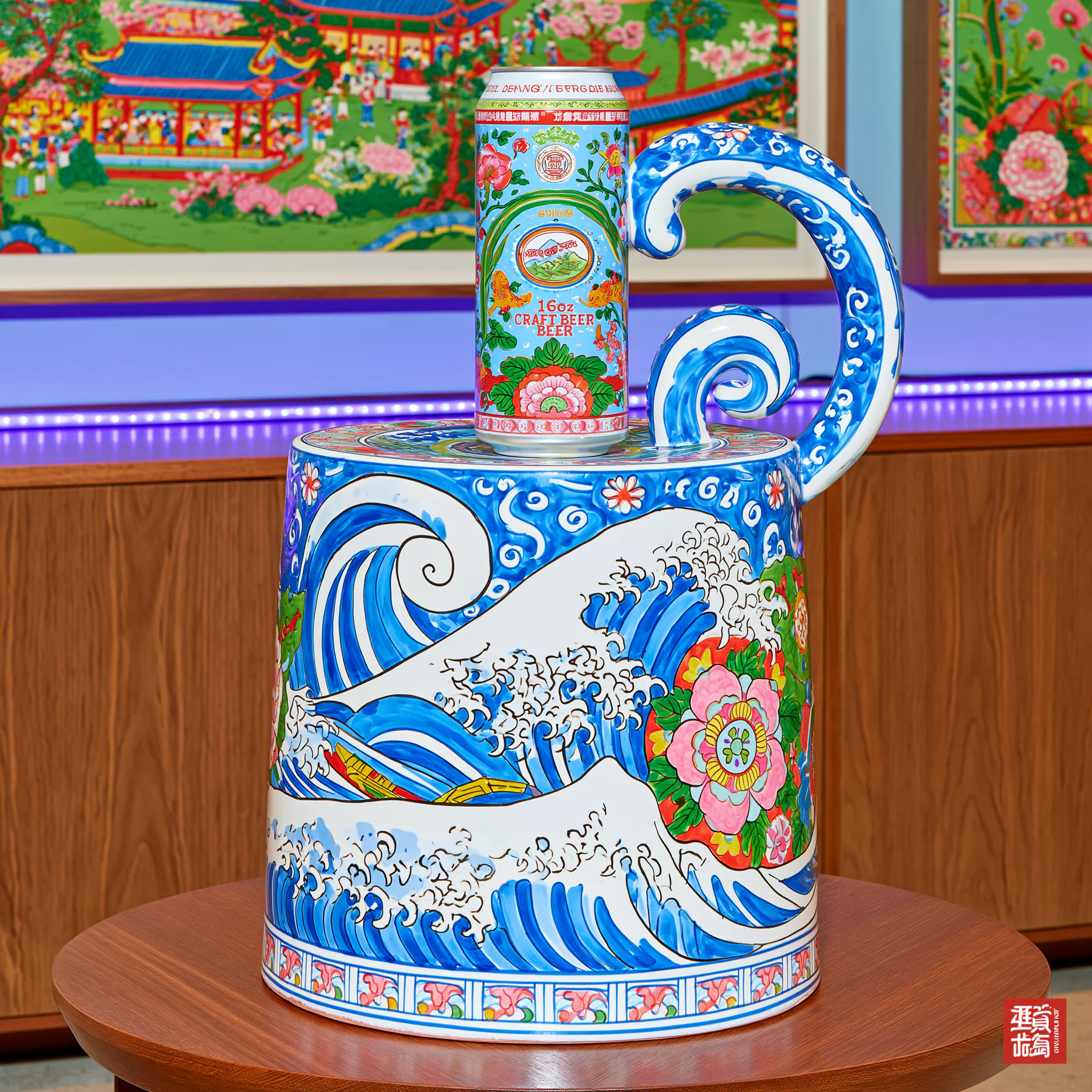 A brightly patterned porcelain wave pedestal holding a can