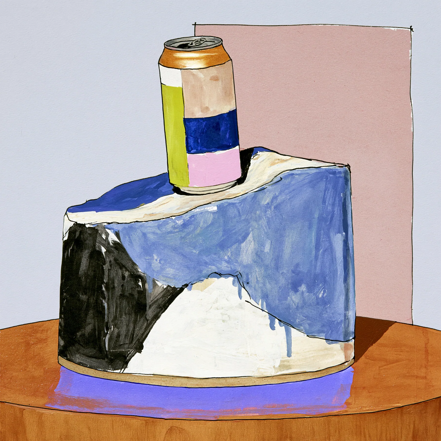 A chunky hand-drawn blue and black pedestal supporting a painted can
