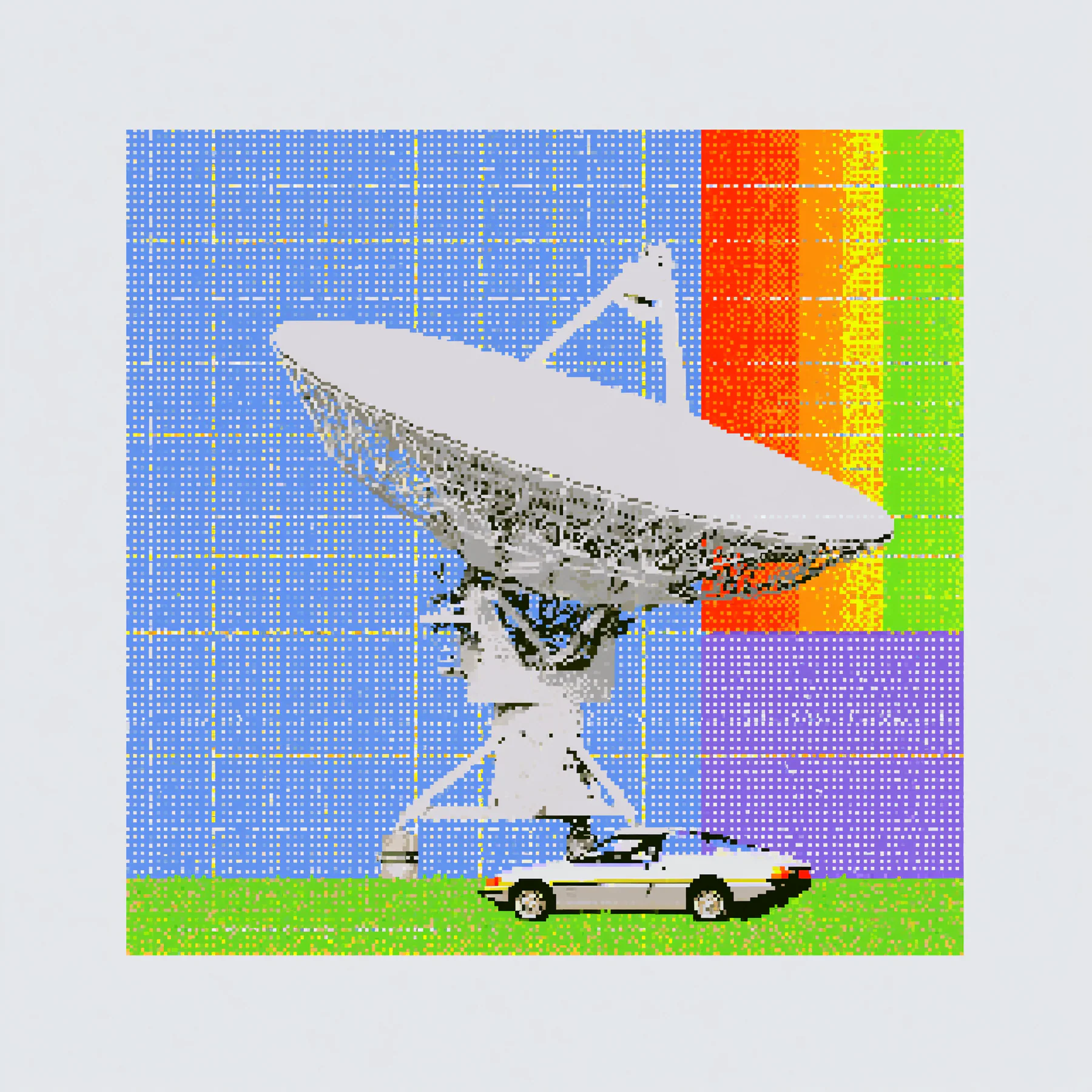 A satellite dish on a tiny wheeled platform against a bright test-pattern field