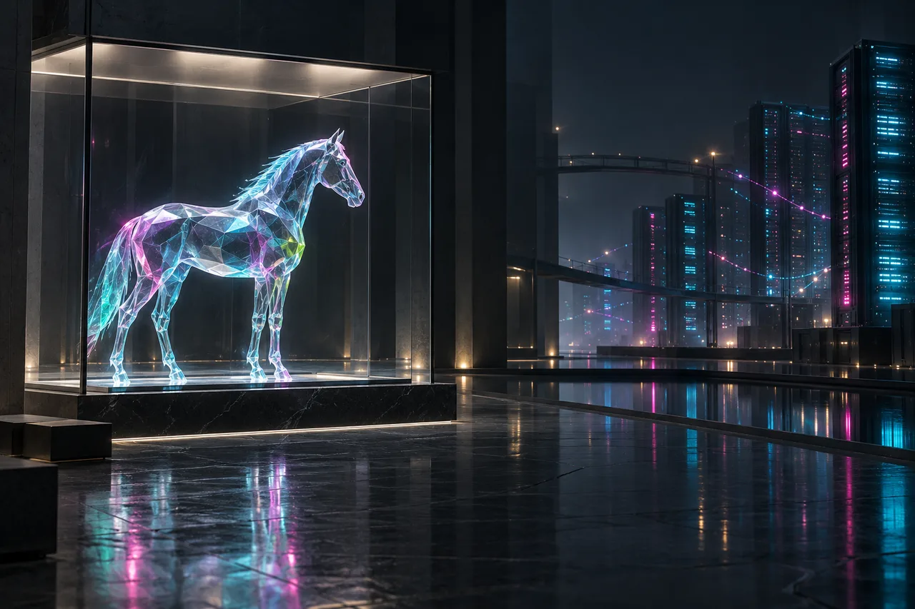 A luminous digital horse in an archive display beside separate abstract network lights.