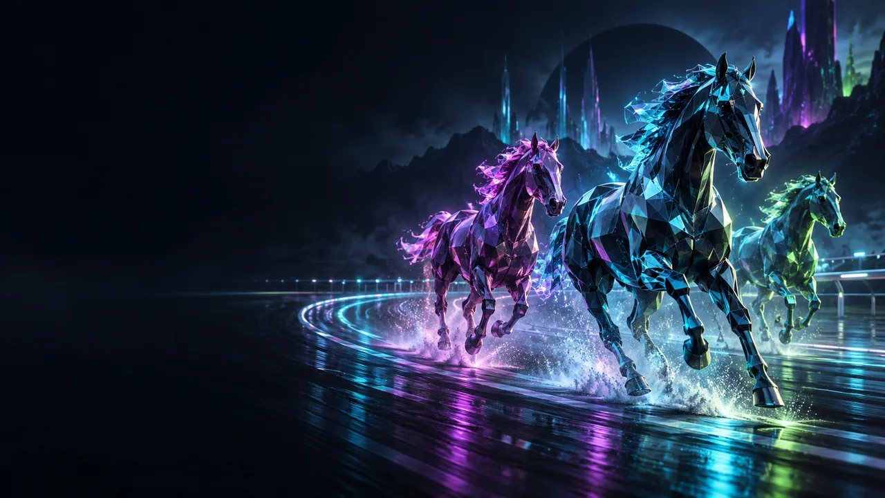 Three stylized digital horses on a dark oval track edged with cyan and magenta light.