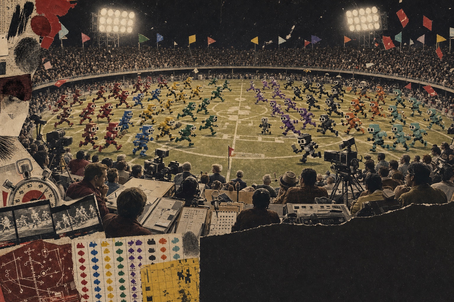 A packed civic stadium under floodlights as eight color-coded groups of blocky Noun athletes charge across the field while a vintage broadcast crew follows from the press box.
