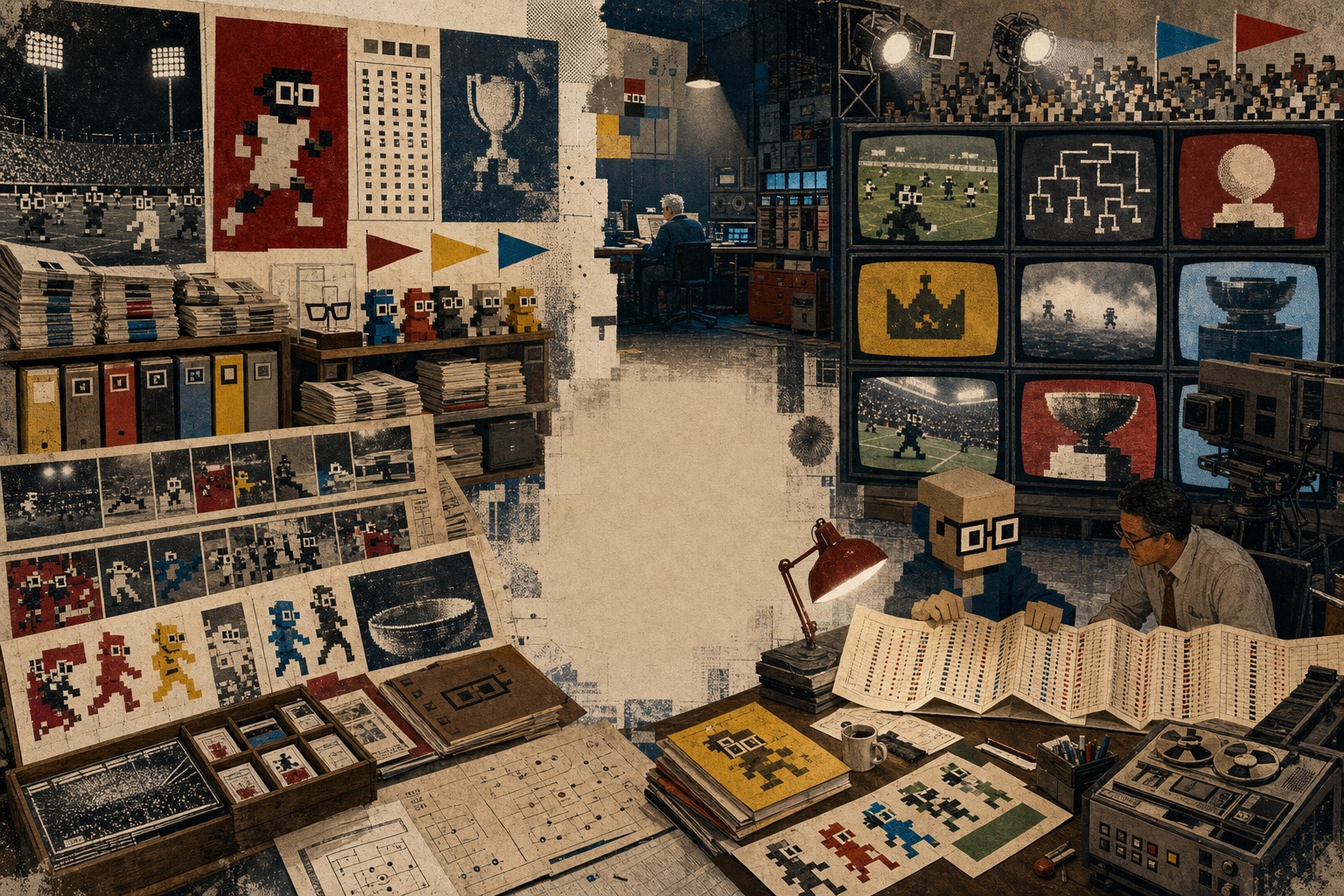 A tactile sports archive and replay bay filled with folded newspapers, recap cards, field diagrams, trophies, old monitors, and a Noun archivist reading a long accordion-fold standings ledger.