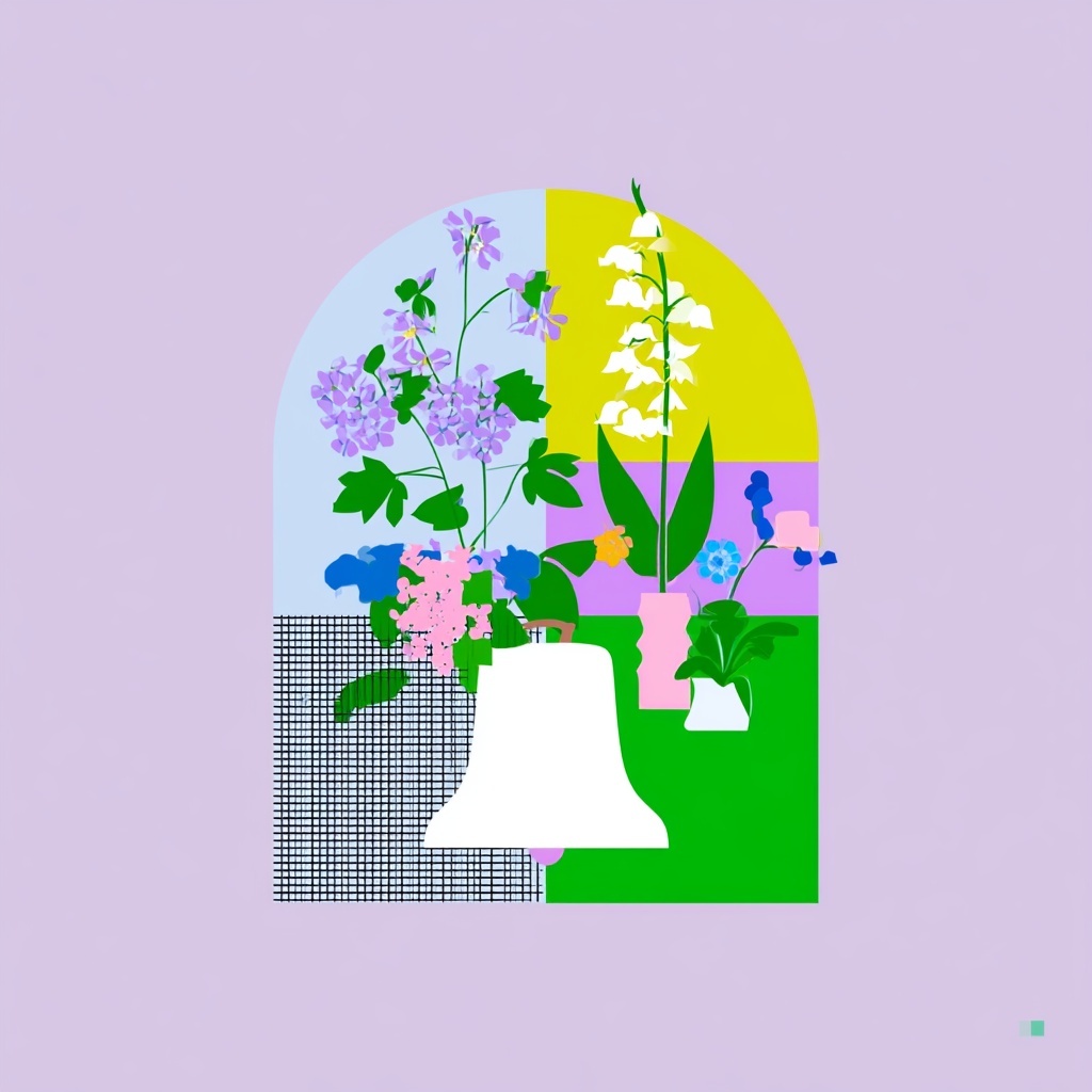 A white bell silhouette and tall floral arrangement over a lavender, green, and yellow geometric field