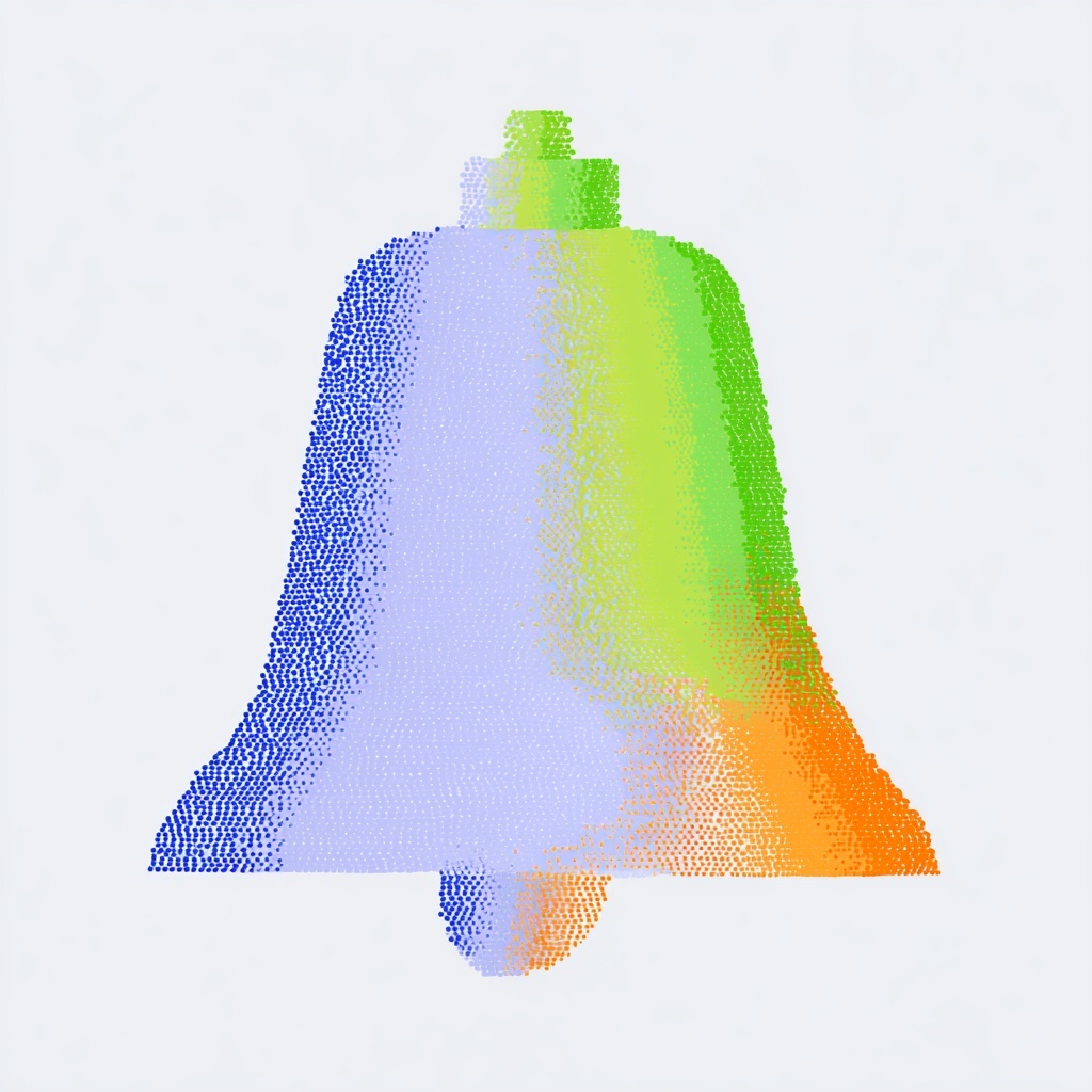 Blue green and orange bell-like object made from dots and clean geometric shapes on white