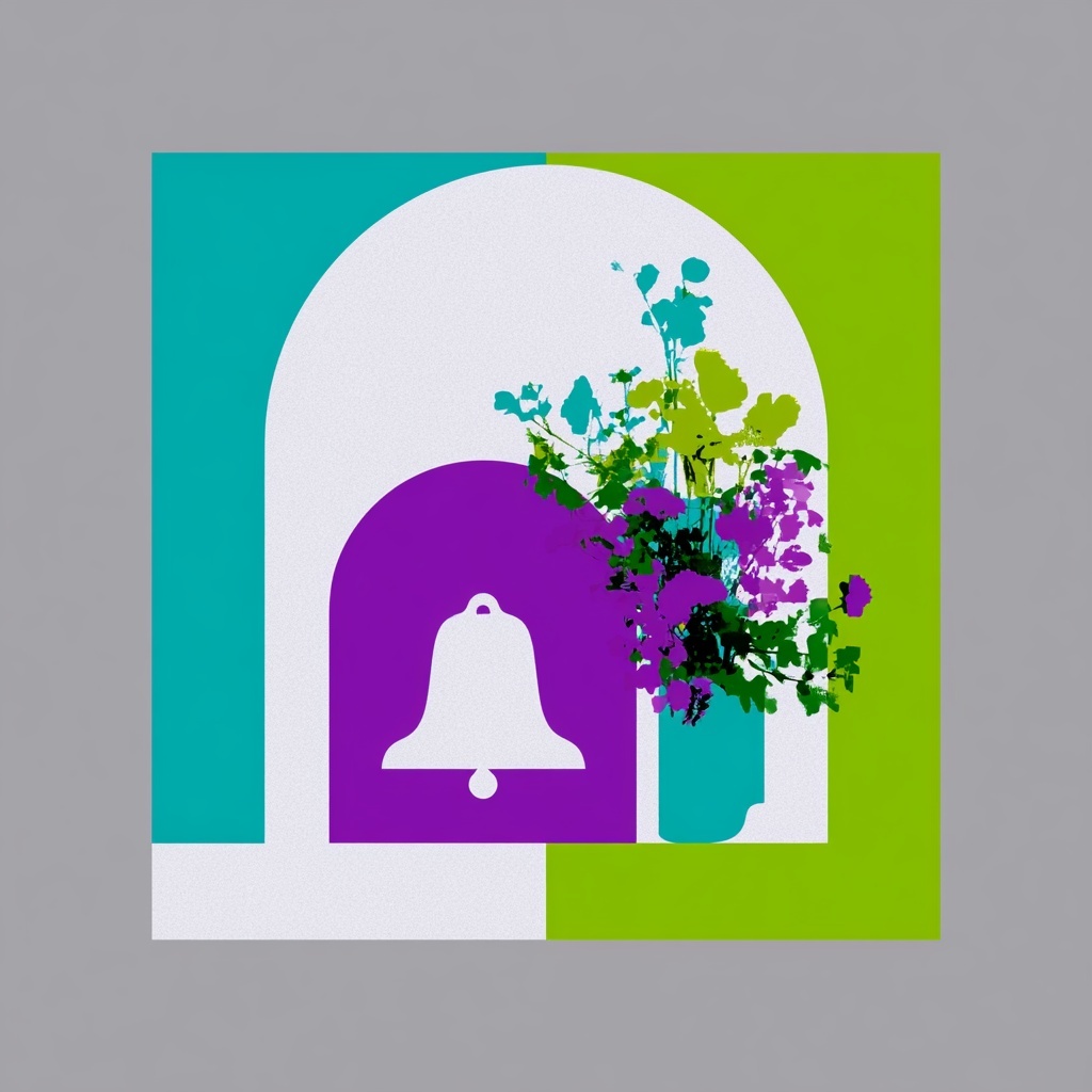 Geometric turquoise chartreuse and purple bell-like sculpture with flowers on a dark base