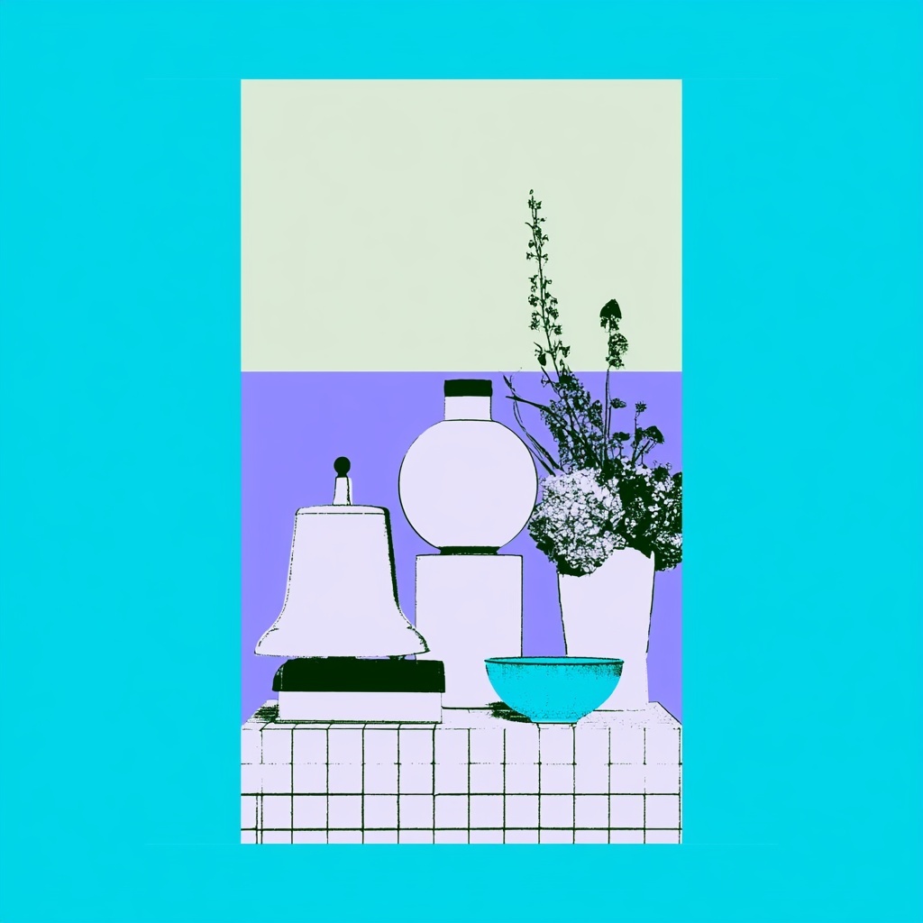 Cyan and lavender editorial still life of vases, a bell-like object, and cutaway geometric forms
